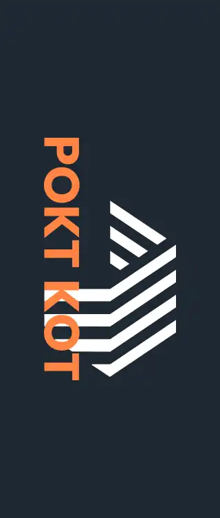 Pokt Kot modern geometrisch vastgoedlogo met gestileerd dakpictogram en oranje letters op een donkere achtergrond