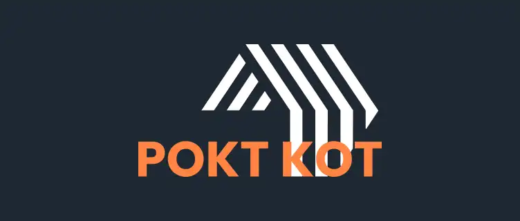 Pokt Kot modern geometrisch vastgoedlogo met gestileerd dakpictogram en oranje letters op een donkere achtergrond